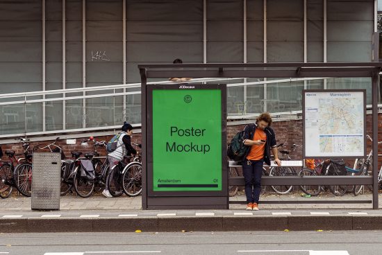 Urban bus stop poster mockup in a street setting with bicycles and a person checking phone, ideal for realistic advertising design presentation.